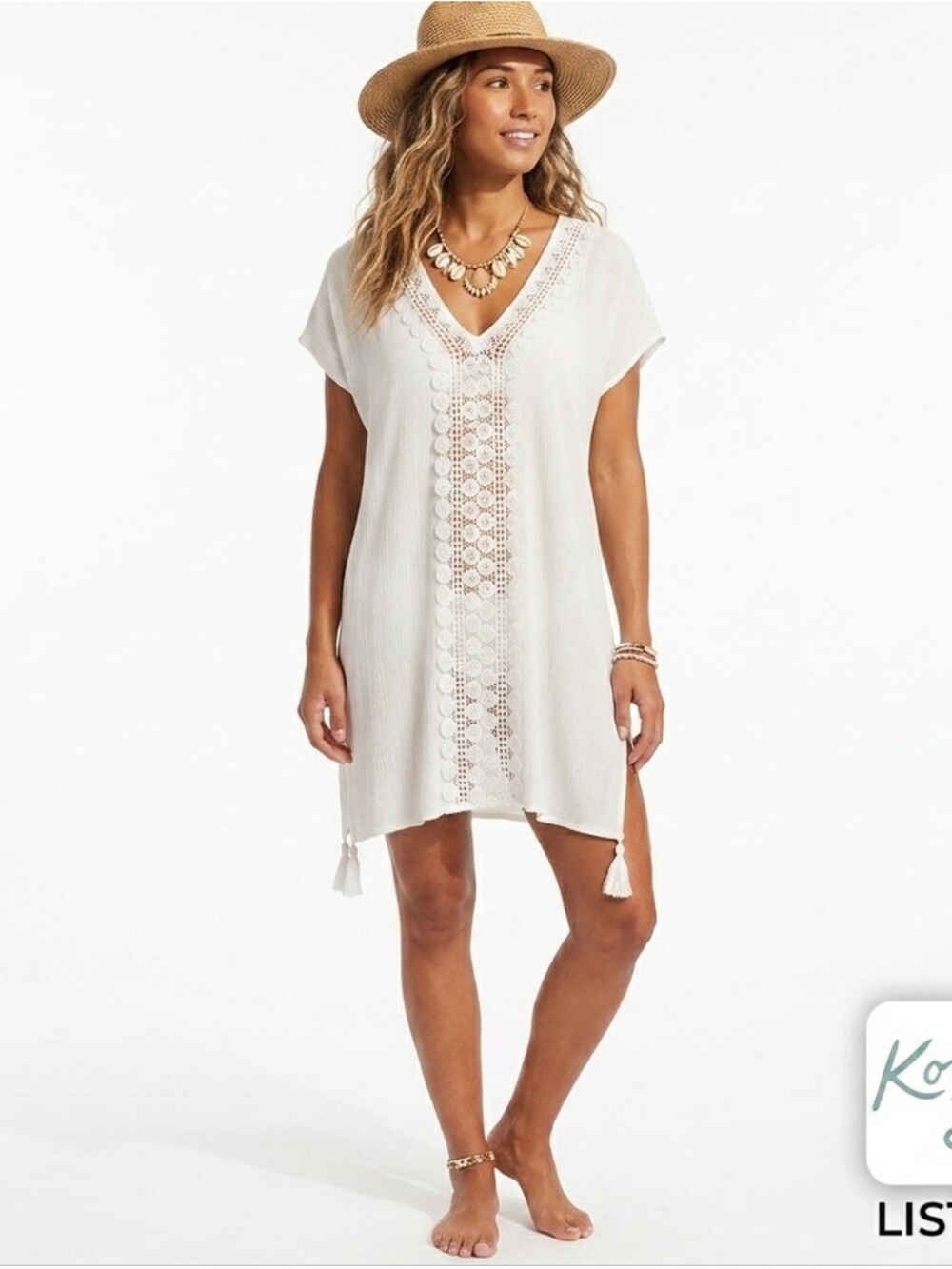 Kona Sol White Crochet V-Neck Tassel Swim Cover-Up